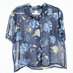 Vtg‎ Blue Floral Sheer Mesh Short Sleeve Button Shirt XL Layering Dainty NEW